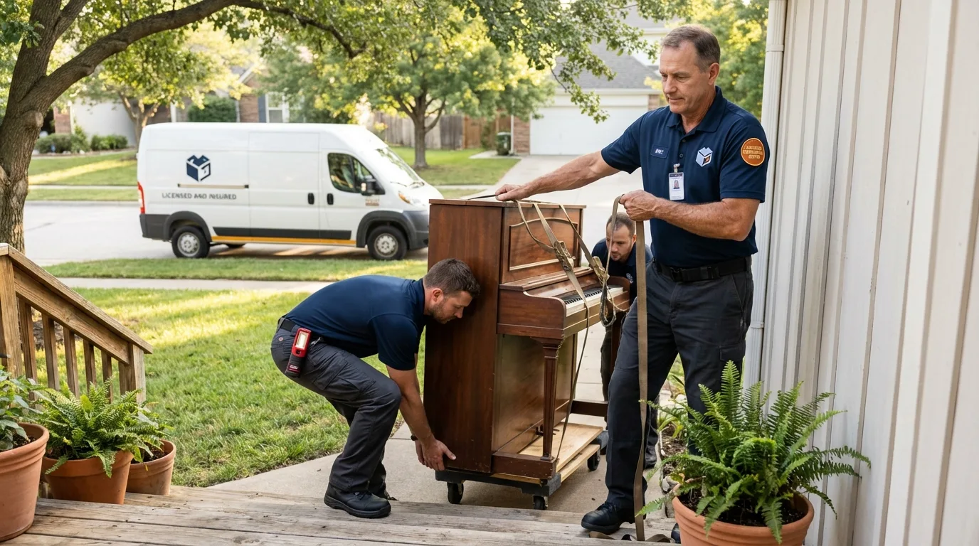 Licensed piano movers securing grand piano in Newburyport, MA