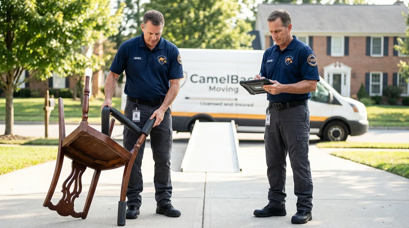 Movers inspecting furniture for damage prevention before loading in Newburyport, MA