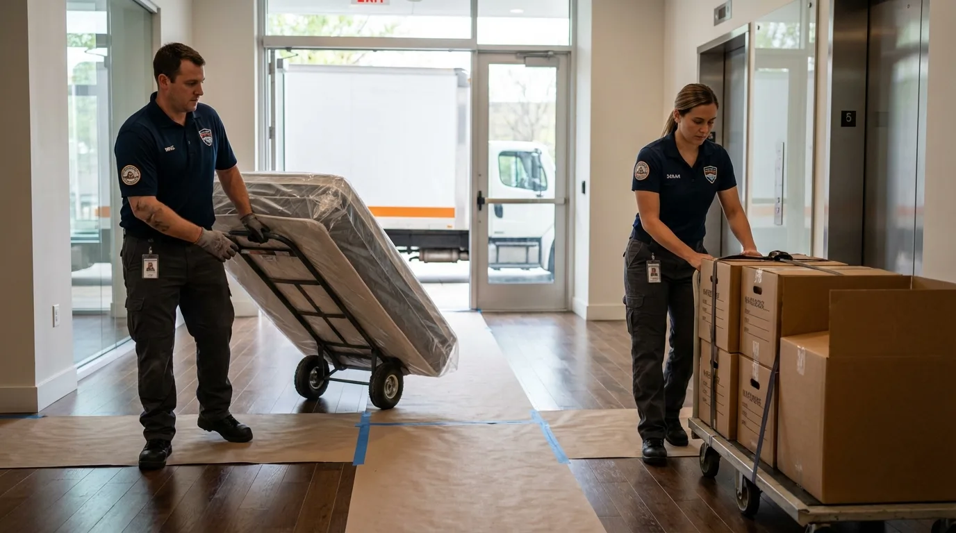 Professional apartment movers loading elevator in Newburyport, MA