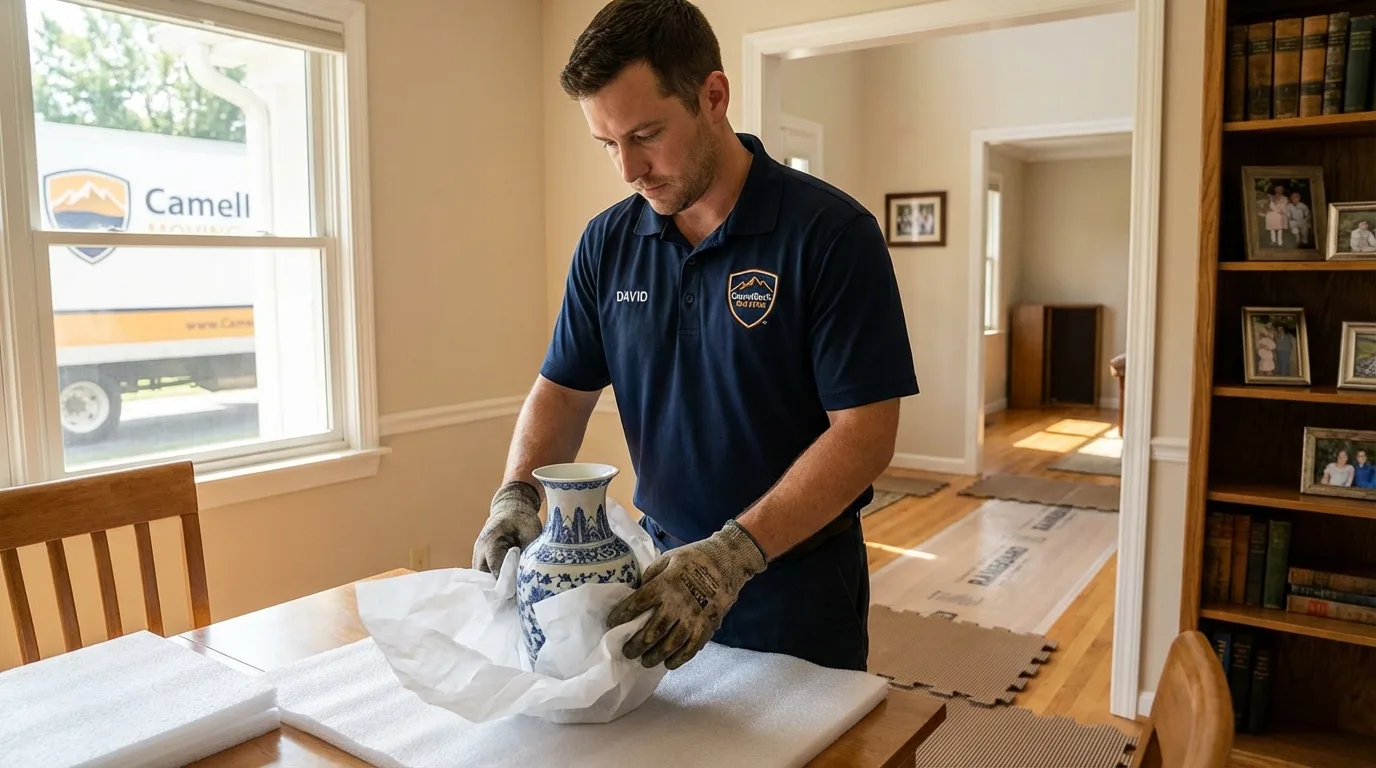 Professional crew carefully wrapping antique vase for senior downsizing move in Newburyport, MA