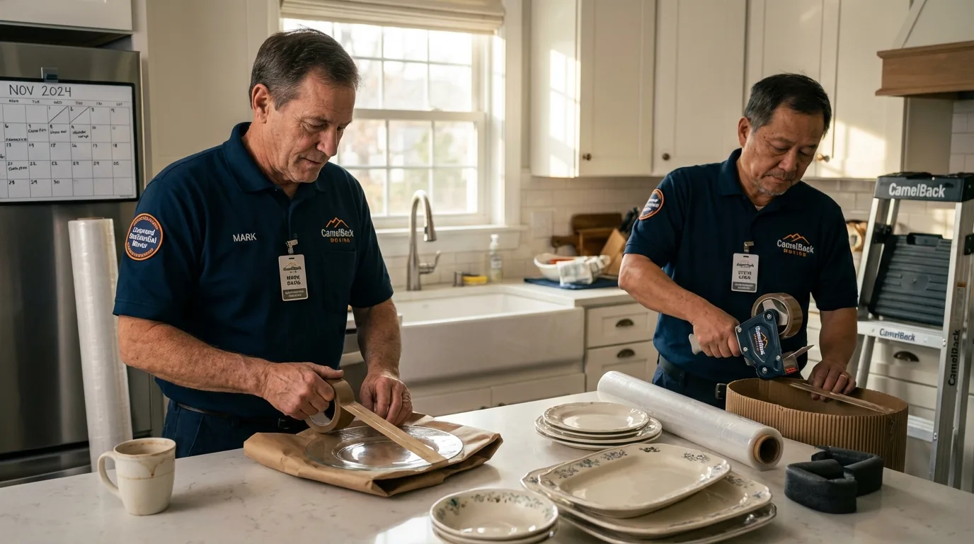 Professional crew packing kitchen dishware in Newburyport, MA